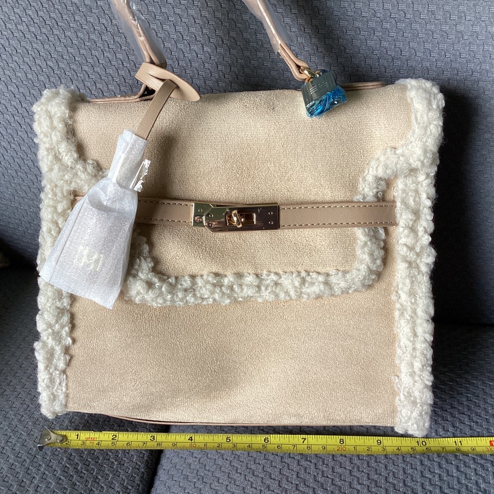Badgley Mischka Faux Shearling Satchel Top Handle Crossbody‎ Bag Purse